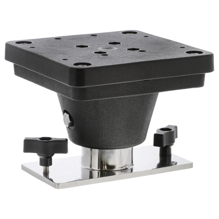 Scotty 2650 Downrigger Track Mount for fishing accessories, showing the black metal mount on a boat surface.