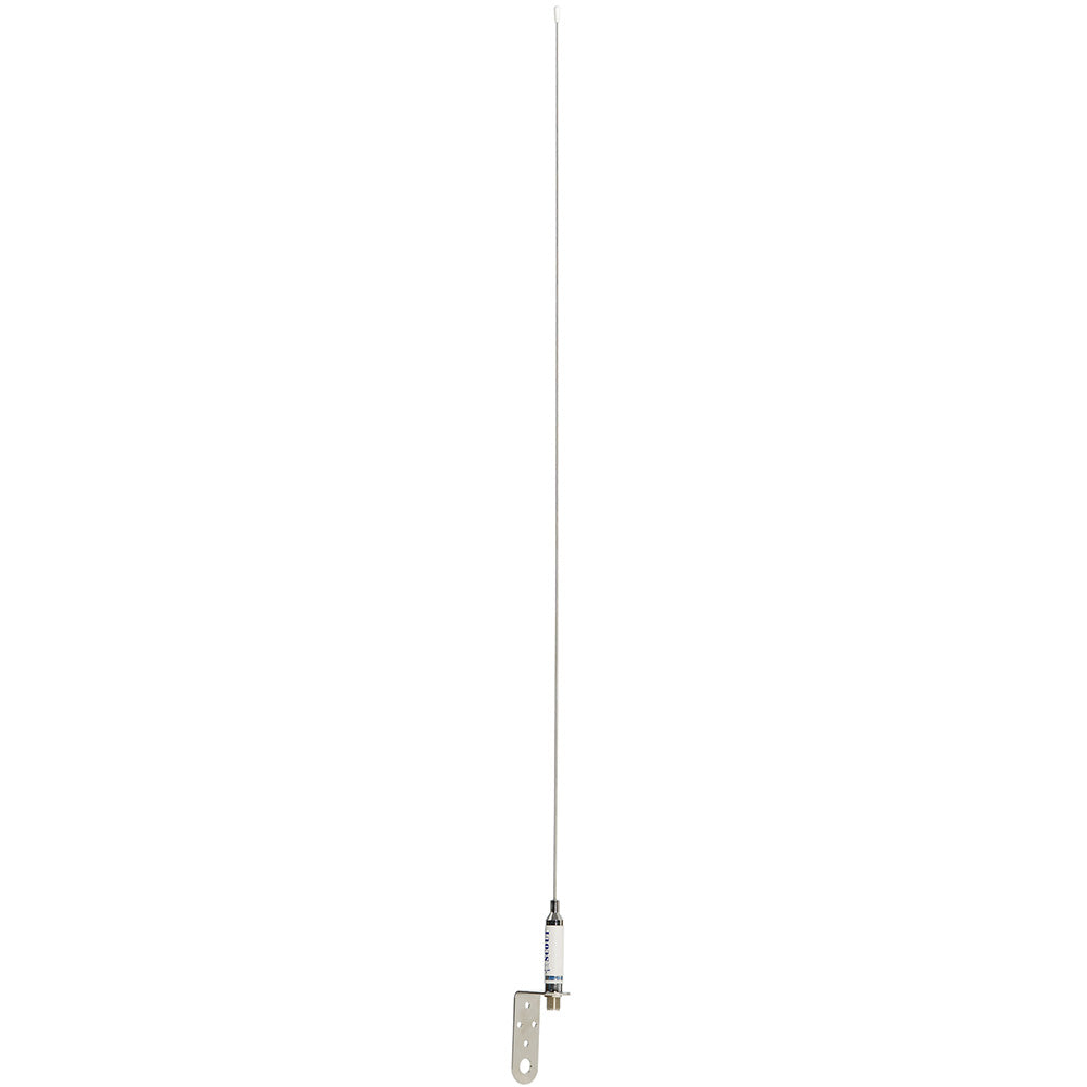Scout stainless steel VHF whip antenna with 3dB gain and mounting bracket for sailboats, no cable included.