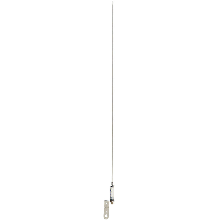 Scout stainless steel VHF whip antenna with 3dB gain and mounting bracket for sailboats, no cable included.