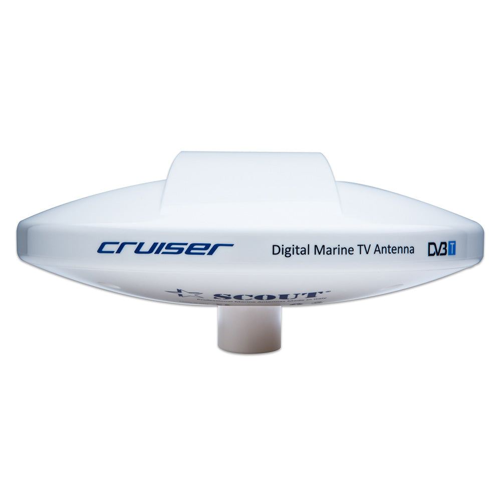 Scout Cruiser 10-inch white TV antenna with omnidirectional design, 20-meter cable, 75 ohms for over-the-air TV reception.