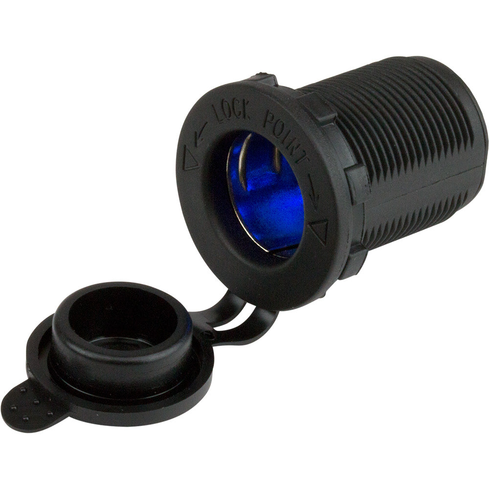 Sea-Dog 12V power socket with blue LEDs, marine accessory for boats, featuring durable design and illuminated switch.