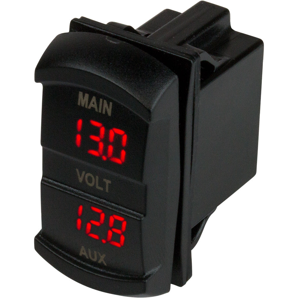 Sea-Dog dual volt meter rock switch for 10V-48V DC, marine accessories, showing digital display and switch controls.