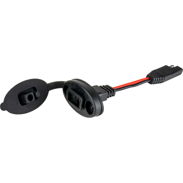 Sea-Dog front mount power socket for marine accessories, showing the black marine-grade electrical socket attached to a boat.