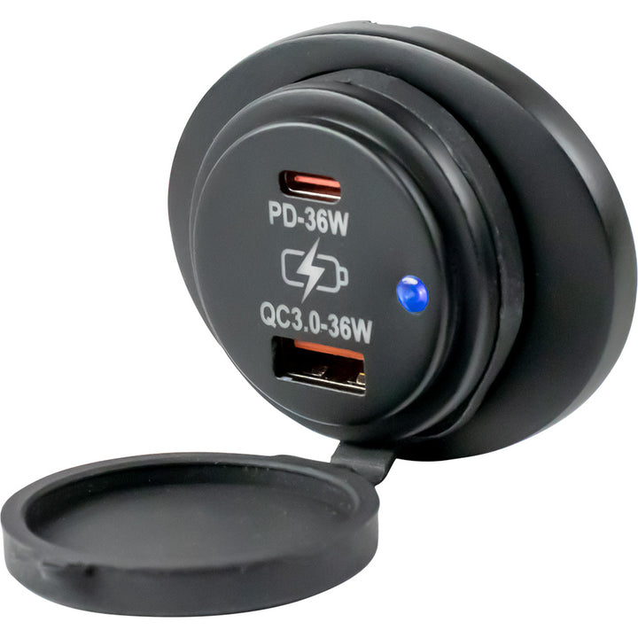 Sea-Dog oval surface mount USB 3.0 and USB-C power socket accessory, metallic finish with mounting hardware visible.