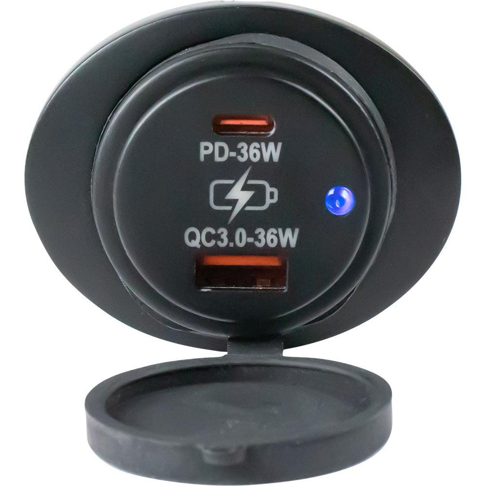 Sea-Dog oval surface mount USB 3.0 and USB-C power socket accessory, showing the black oval panel with USB ports.