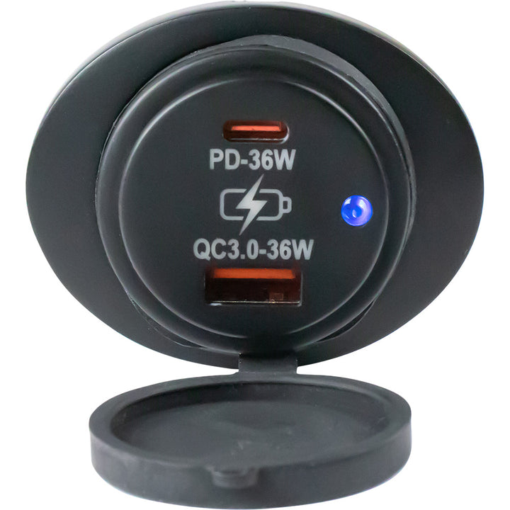 Sea-Dog oval surface mount USB 3.0 and USB-C power socket accessory, showing the black oval panel with USB ports.