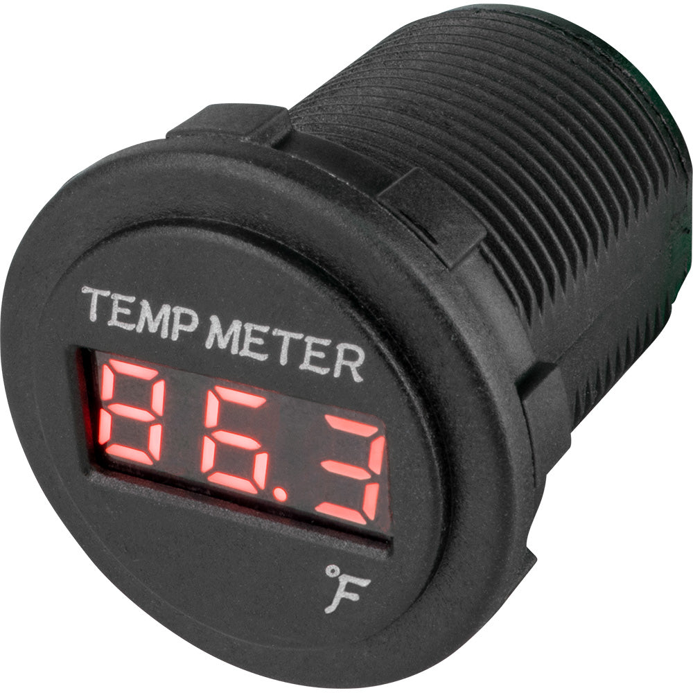 Sea-Dog round red LED temperature meter accessory showing digital temperature display with red backlight.