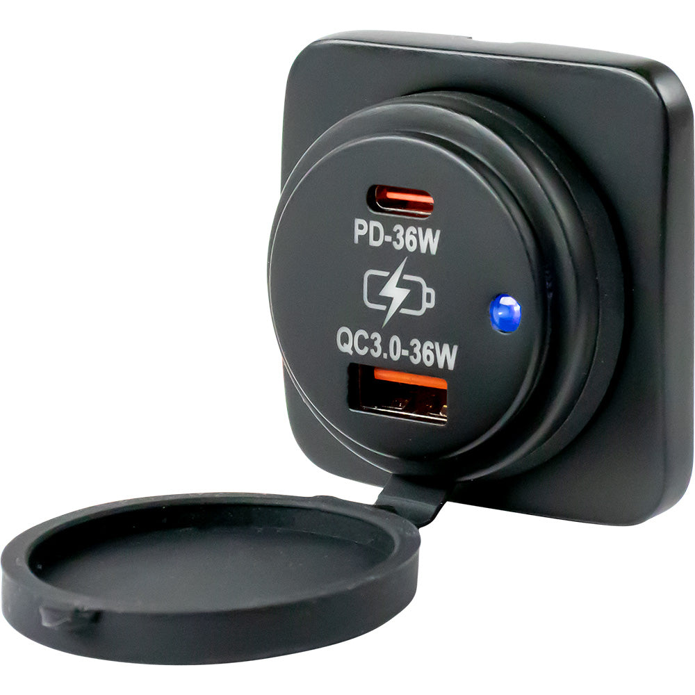 Sea-Dog USB A and USB C square surface mount power socket installed on a boat or marine setting, showing durable marine-grade accessories
