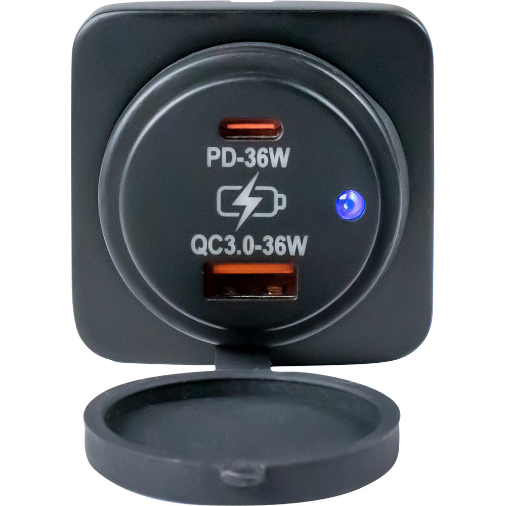 Sea-Dog USB A and USB C square surface mount power socket for accessories, with visible ports and durable design.