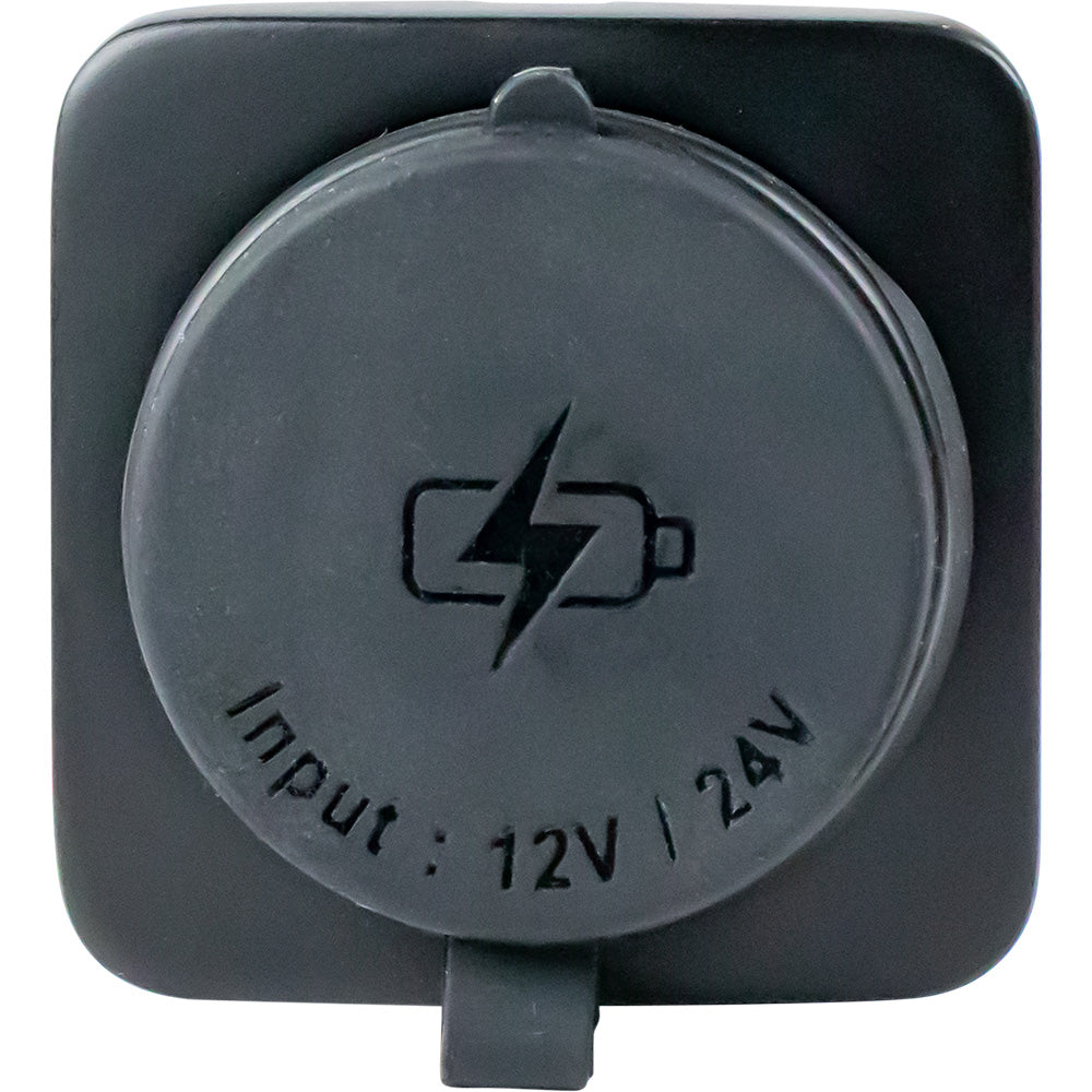 Sea-Dog USB A / USB C square surface mount power socket attached to a marine panel, accessory for electronics charging in boats.