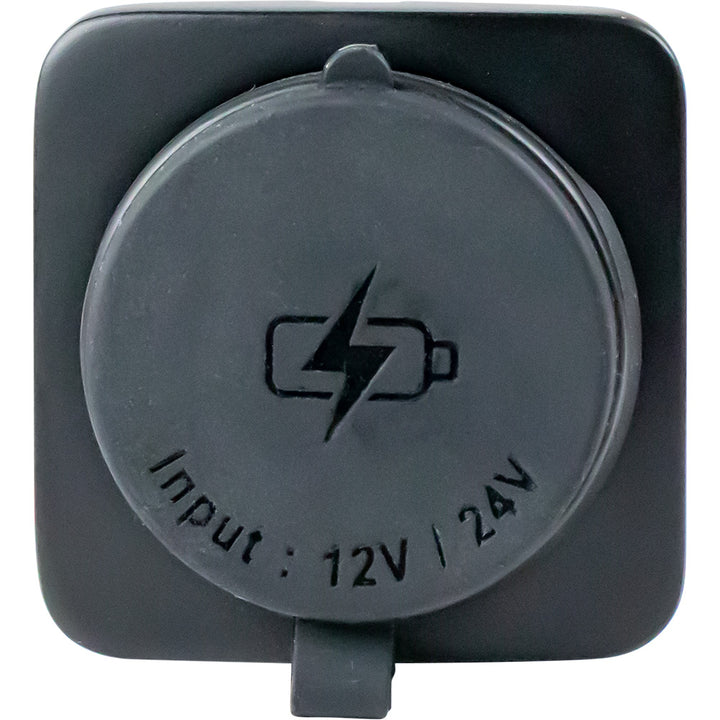Sea-Dog USB A / USB C square surface mount power socket attached to a marine panel, accessory for electronics charging in boats.