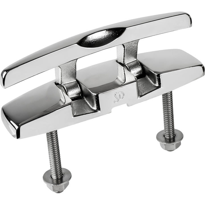 Sea-Dog 6-inch stainless steel rectangle folding cleat with hex bolts for marine dock or boat applications.