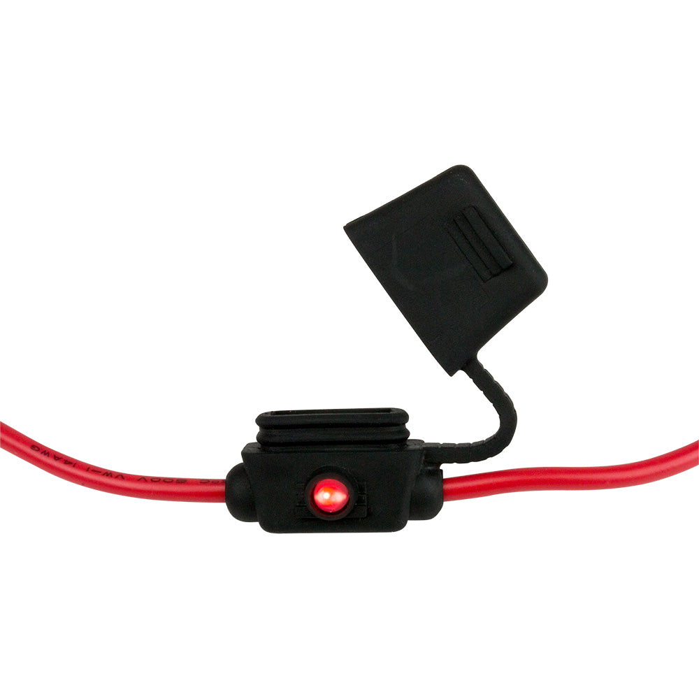 Sea-Dog ATO/ATC style inline LED fuse holder for up to 30A, shown in a close-up view of the fuse block and wiring.