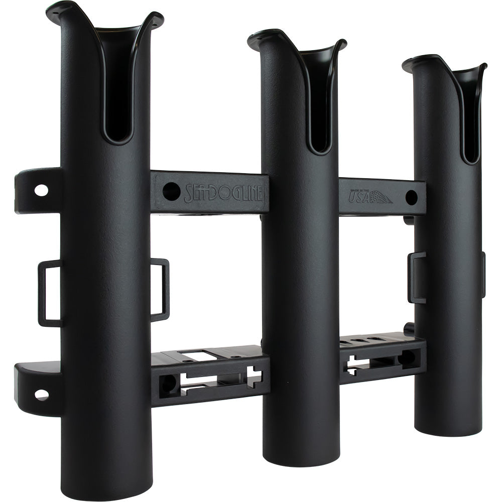 Black Sea-Dog Triple Threat Three Pole Rod Holder mounted on boat railing, holds multiple fishing rods securely.