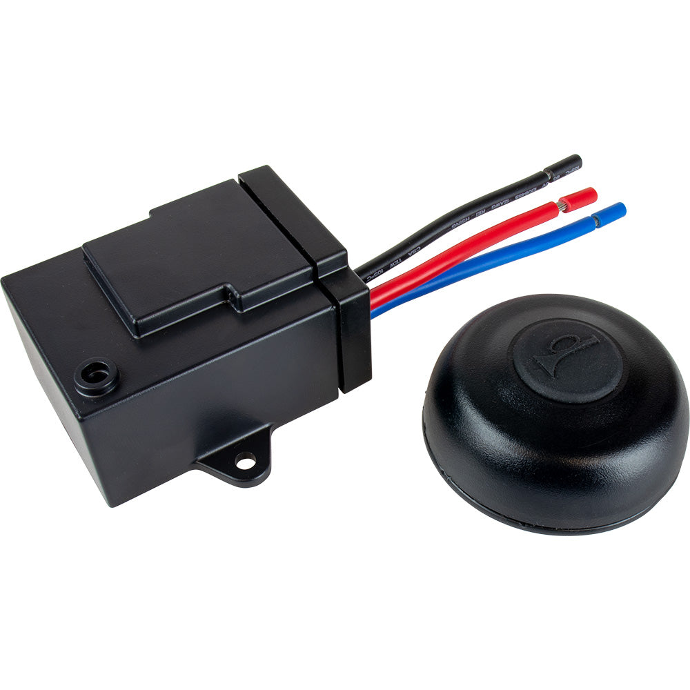 Sea-Dog remote wireless horn button mounted on steering wheel hub, designed for boat steering wheels, providing easy horn activation.