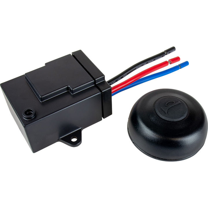 Sea-Dog remote wireless horn button mounted on steering wheel hub, designed for boat steering wheels, providing easy horn activation.