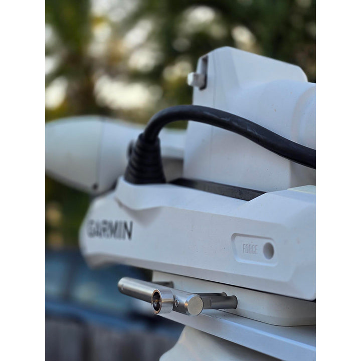 Sea Swivel Sea Secure Titanium Trolling Motor Security Bolt for Garmin Kraken, shown installed on trolling motor accessory.