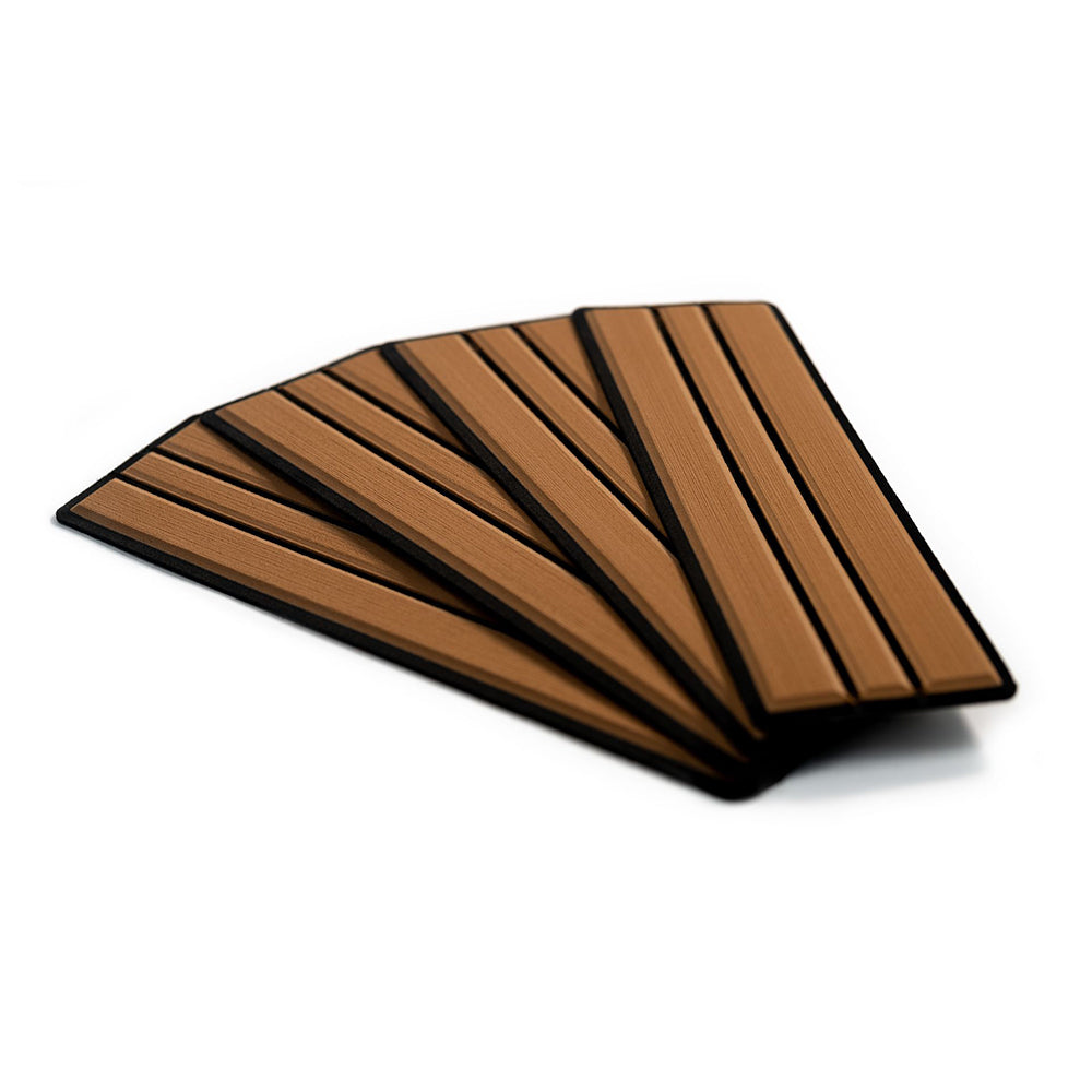 SeaDek Faux Teak 4-Piece Step Kit for boat deck and galley, featuring mocha and black textured marine-grade foam.