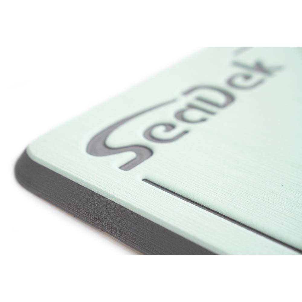 SeaDek large helm pad for boat deck or galley, in seafoam green and storm grey, with textured surface for extra grip.