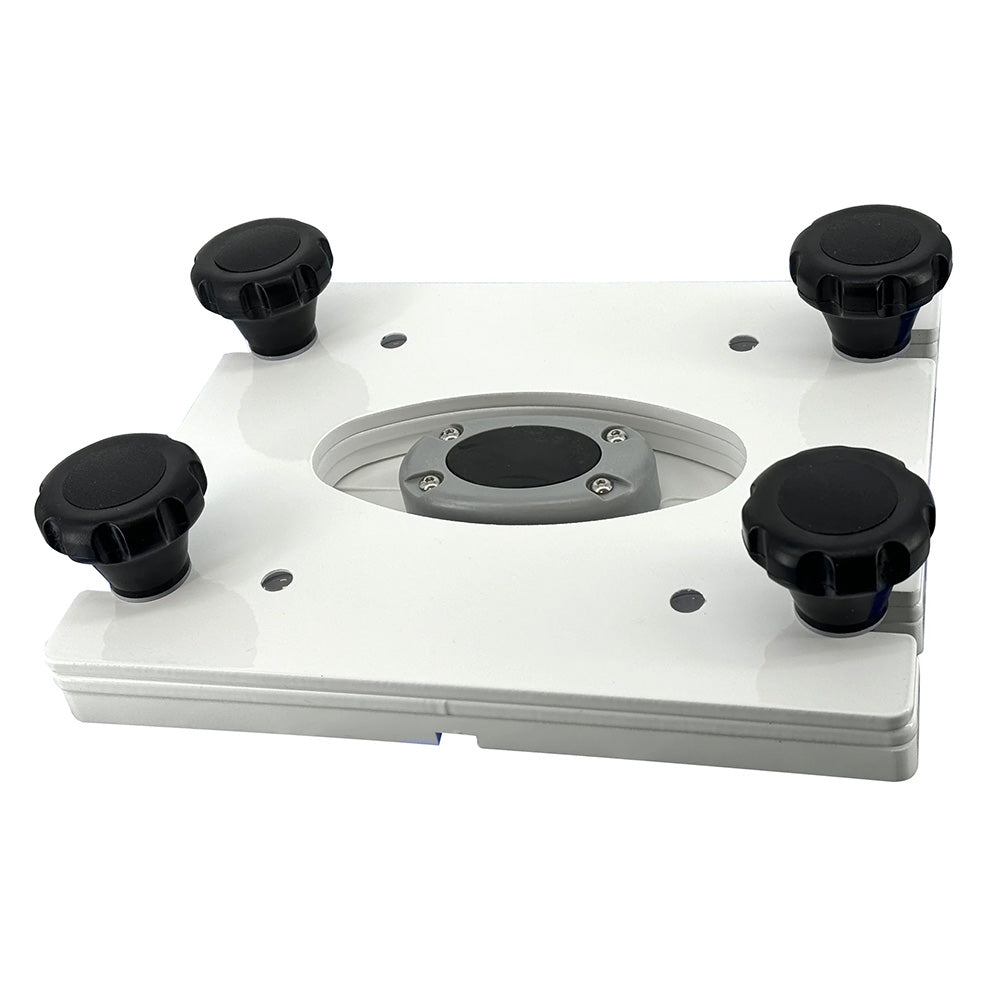 Seaview removable base for radar and TV mounts with 7x7 white base plate, designed for pedestal mounting.