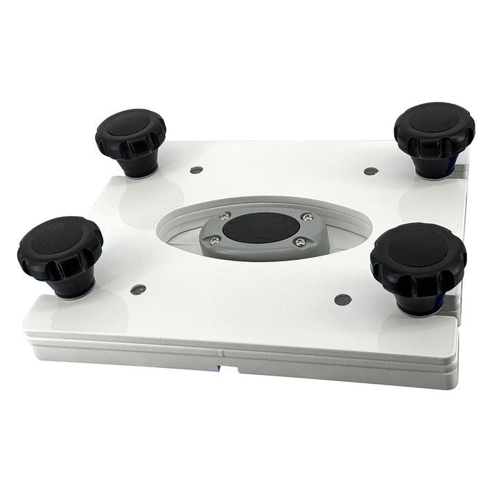 Seaview removable base for radar and TV mounts with 7x7 white base plate, designed for pedestal mounting.