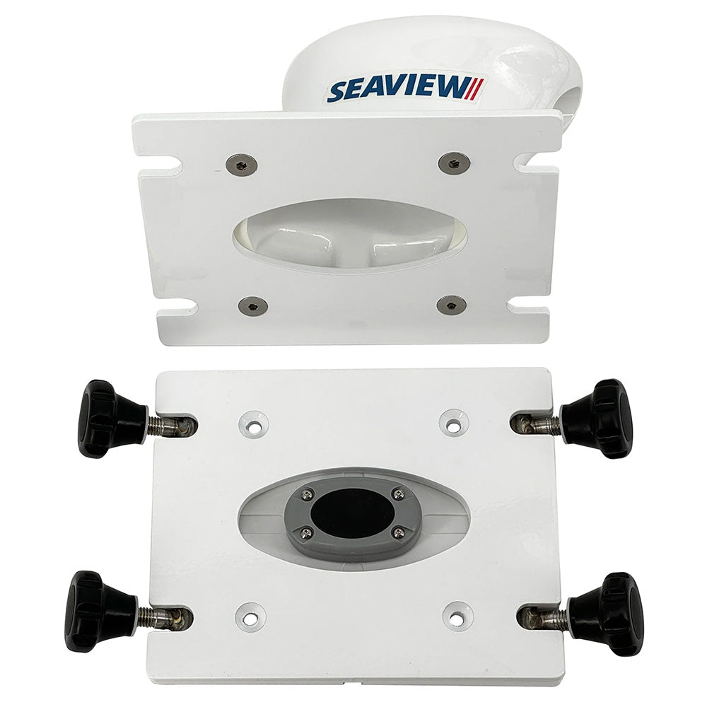 Seaview white radar and TV mount with removable base and 7x7 base plate, designed for pedestal mounting.