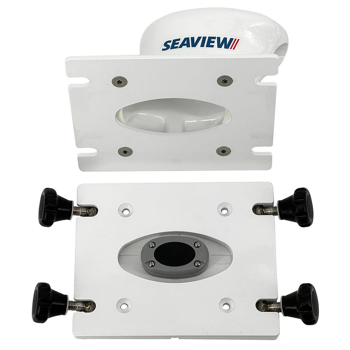 Seaview white radar and TV mount with removable base and 7x7 base plate, designed for pedestal mounting.