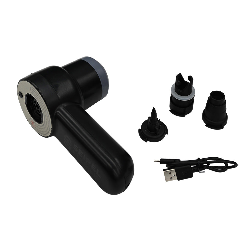 Seipel Marine handheld air pump with USB charger, portable device for inflating tires and sports equipment, compact and lightweight.