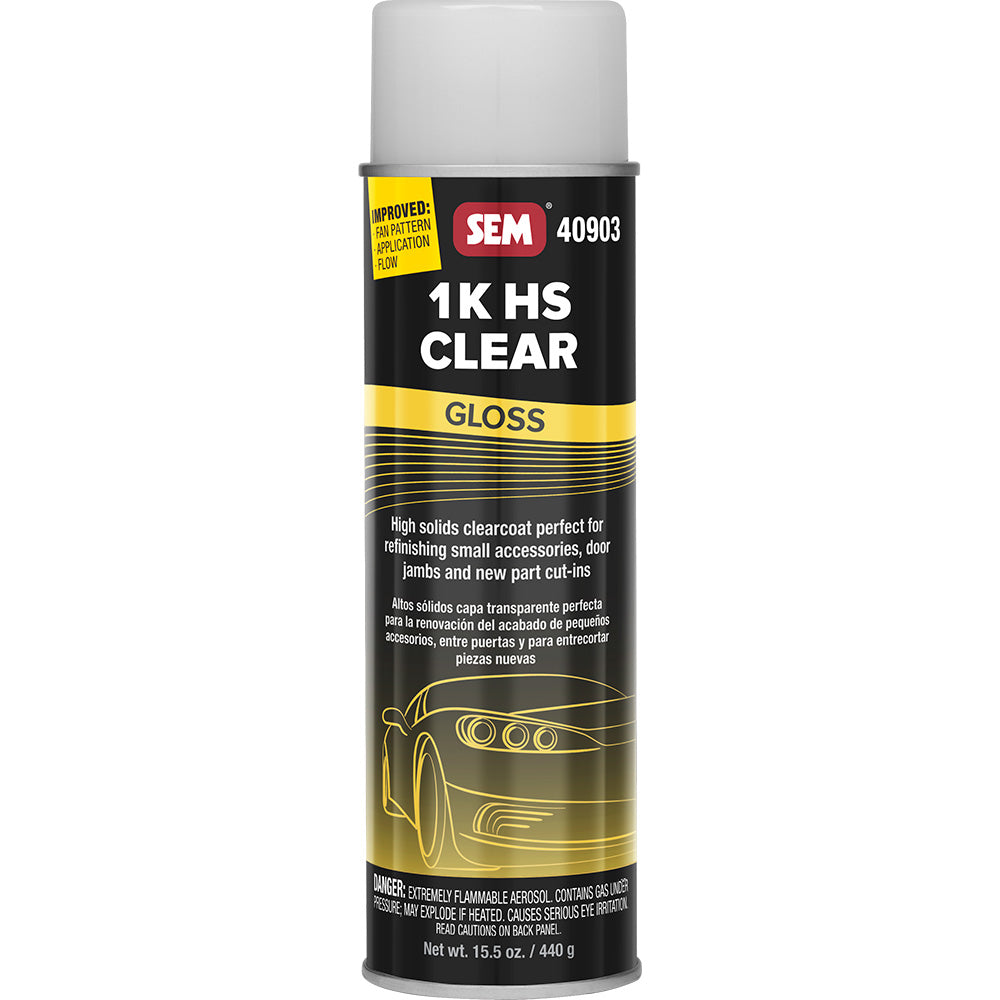 SEM Accessories SEM 1K HS Clear 20oz aerosol can with gloss finish, used for automotive refinishing and clear coat applications.
