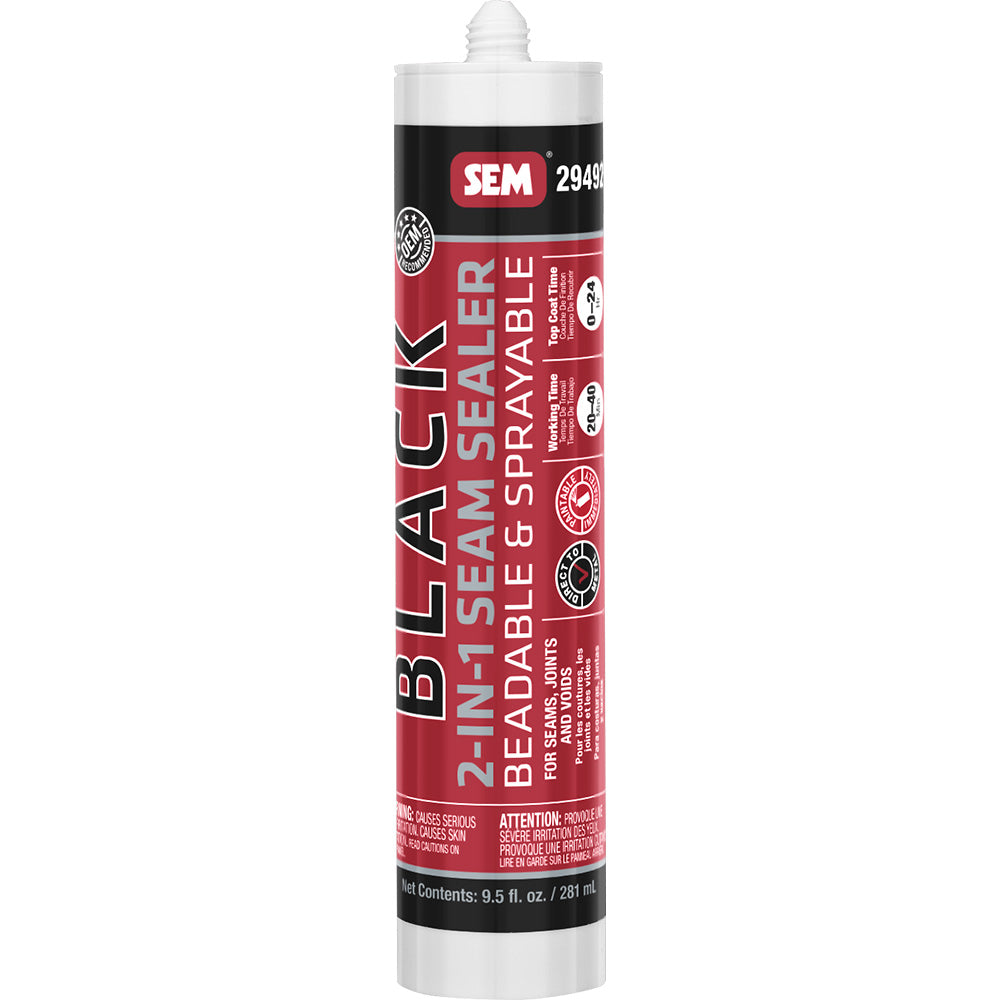 SEM 2-in-1 Seam Sealer in 9.5oz black tube, automotive accessory for sealing and waterproofing vehicle seams.