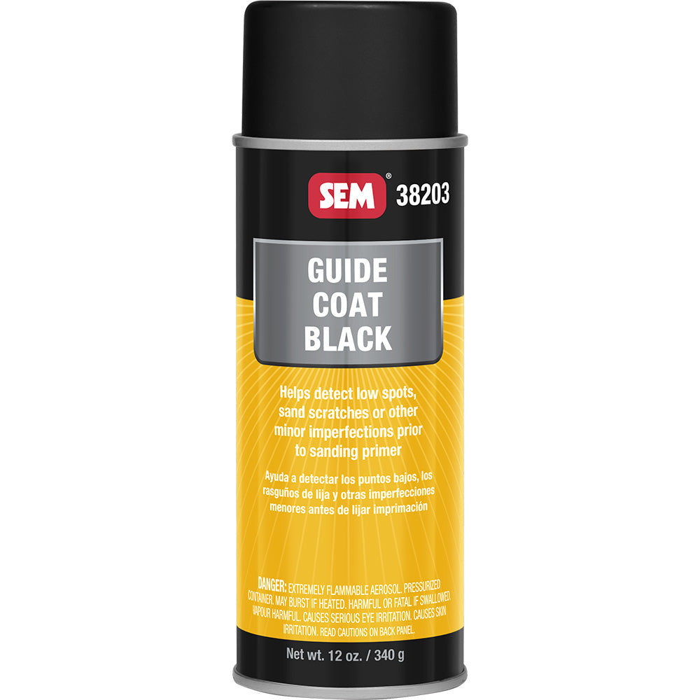 Black SEM Guide Coat aerosol can, 16oz, used as a finishing accessory for automotive surface prep and defect detection.