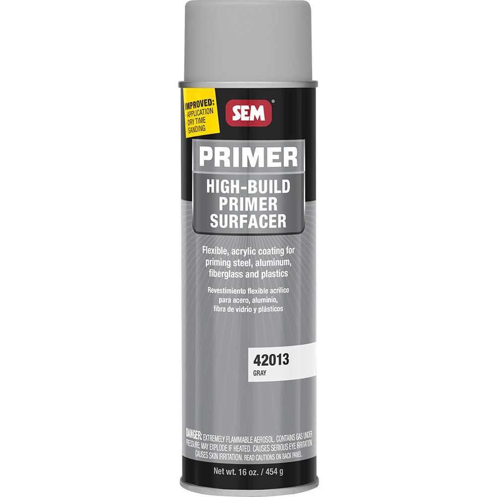 SEM High-Build Primer Surfacer aerosol can in grey, 20oz, used for automotive surface preparation and repairs.