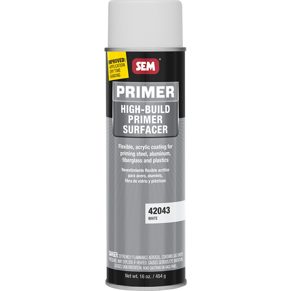 SEM High-Build Primer Surfacer in a 20oz white aerosol can, designed for automotive surface preparation and refinishing.
