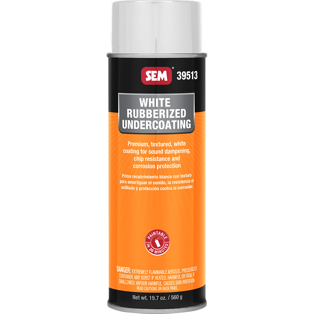SEM Rubberized Undercoating in a 24oz white aerosol can, used for vehicle underbody protection and rust prevention.
