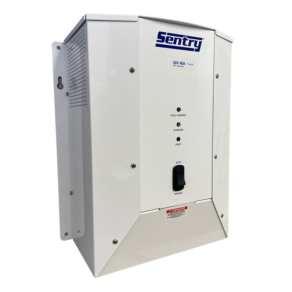 Sentry marine battery charger with 3-bank 24VDC output, 115/230V input, 40A capacity, designed for boat battery charging.