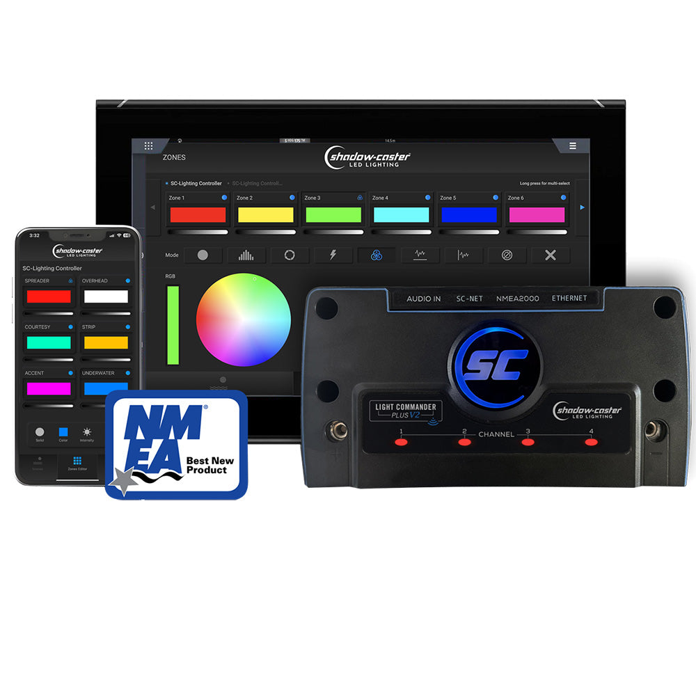 Shadow-Caster Light Commander Version 2 6-zone lighting controller with Bluetooth, Wi-Fi, NMEA 2000, and Ethernet connectivity for LED lighting.