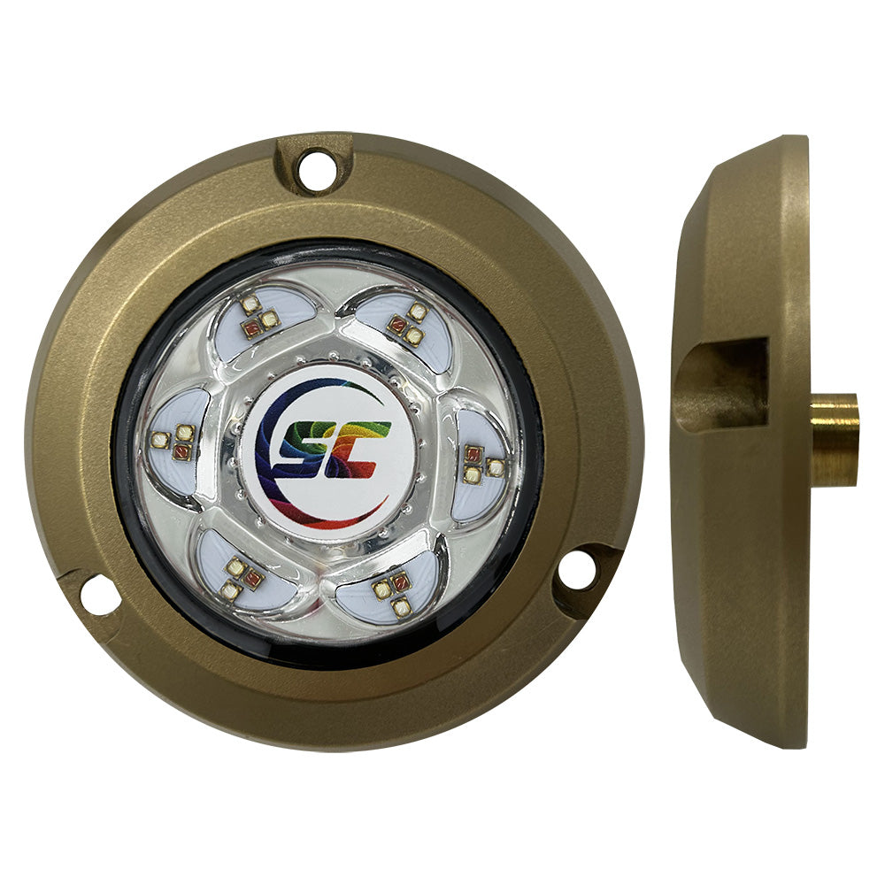 Shadow-Caster SC2 Series bronze surface mount underwater light displaying vibrant full-color illumination in a sleek design.