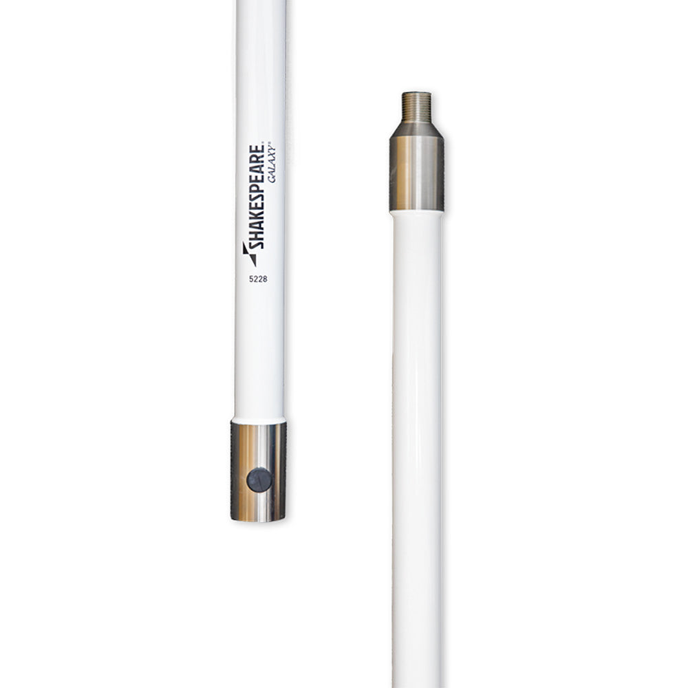 Shakespeare Galaxy 5228 8' heavy-duty extension mast for antenna mounts, shown with mounting hardware and cable attachments.
