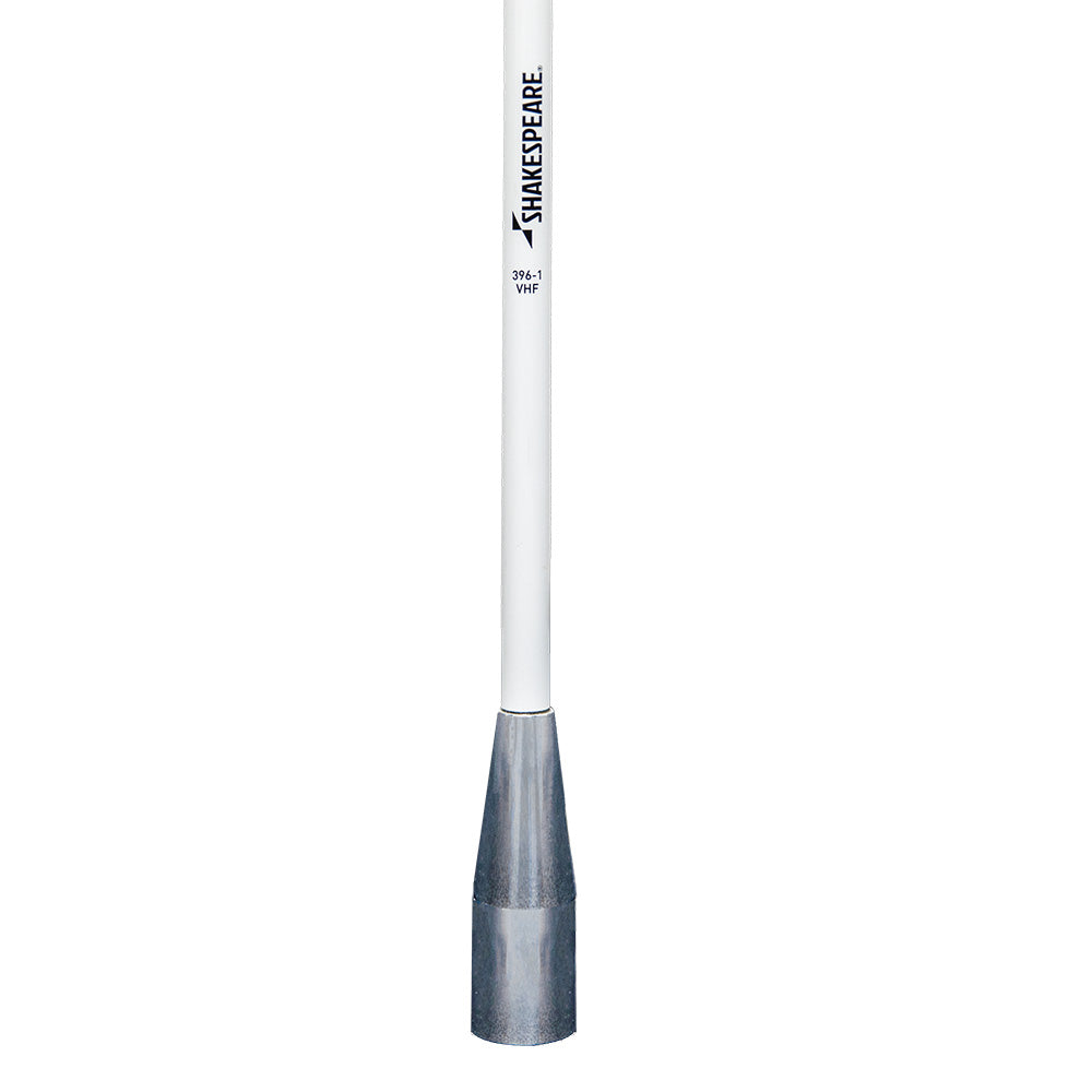 Shakespeare 396-1 5-foot VHF antenna for marine communication, mounted on boat with clear sky background