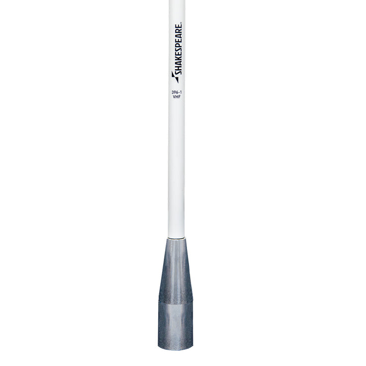 Shakespeare 396-1 5-foot VHF antenna for marine communication, mounted on boat with clear sky background