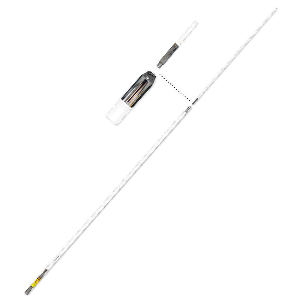 Shakespeare 399-1M 9'6" VHF antenna for marine communication, mounted on boat with clear sky background