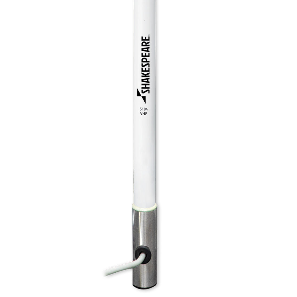 Shakespeare 5104 VHF 4-foot marine antenna mounted on boat, designed for VHF radio communication.