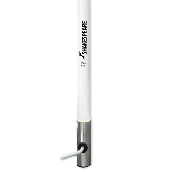 Shakespeare 5104 VHF 4-foot marine antenna mounted on boat, designed for VHF radio communication.