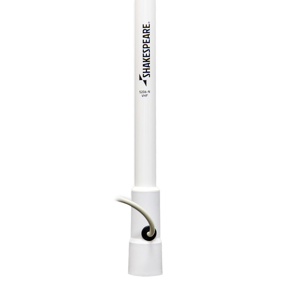 Shakespeare 5206-N 8-foot VHF antenna for marine radio communication, mounted outdoors on a boat.