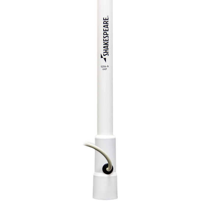 Shakespeare 5206-N 8-foot VHF antenna for marine radio communication, mounted outdoors on a boat.