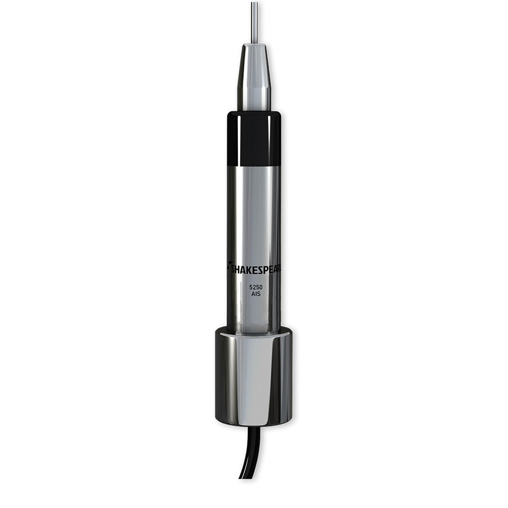 Shakespeare 5250-AIS 36-inch low-profile stainless steel whip antenna for marine navigation and communication.