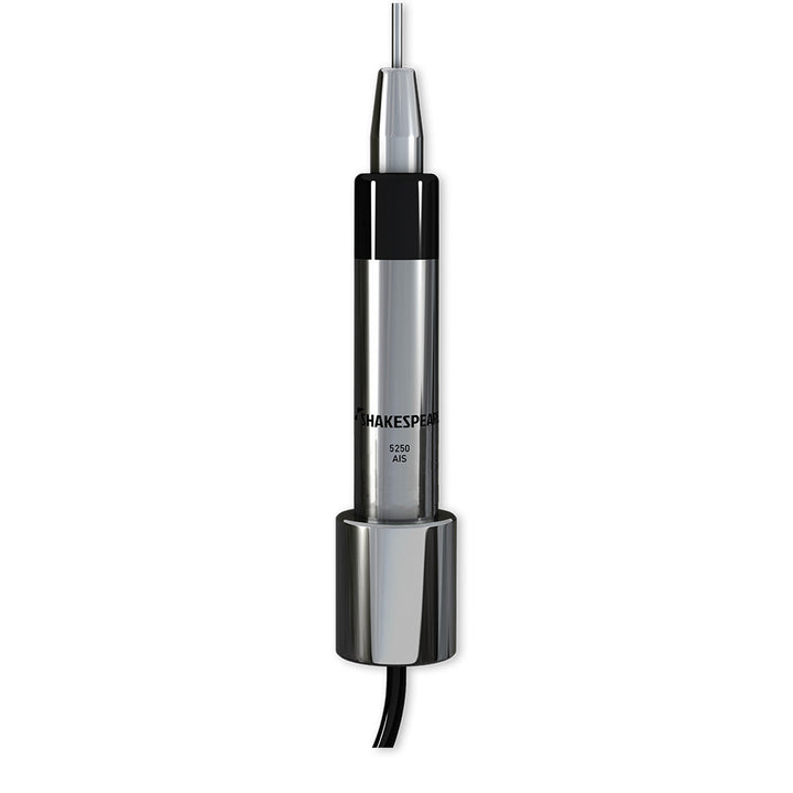 Shakespeare 5250-AIS 36-inch low-profile stainless steel whip antenna for marine navigation and communication.