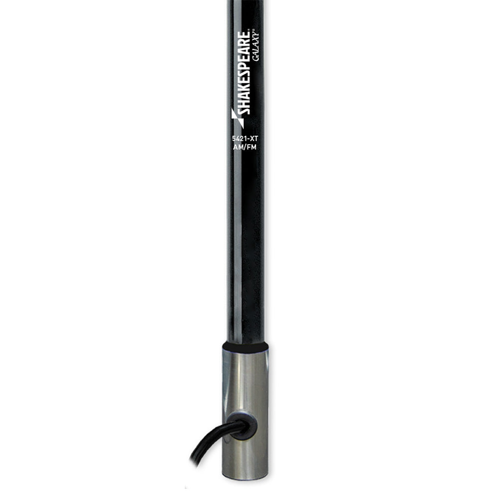 Shakespeare 5421-XT 4 black AM/FM antenna mounted on a vehicle, designed for radio signal reception and durability.