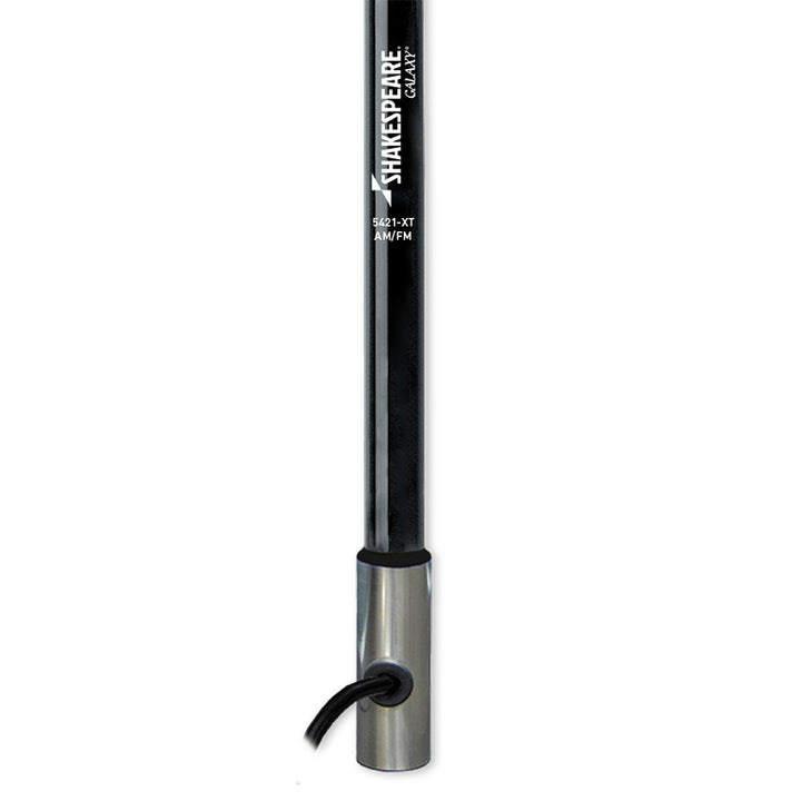 Shakespeare 5421-XT 4 black AM/FM antenna mounted on a vehicle, designed for radio signal reception and durability.