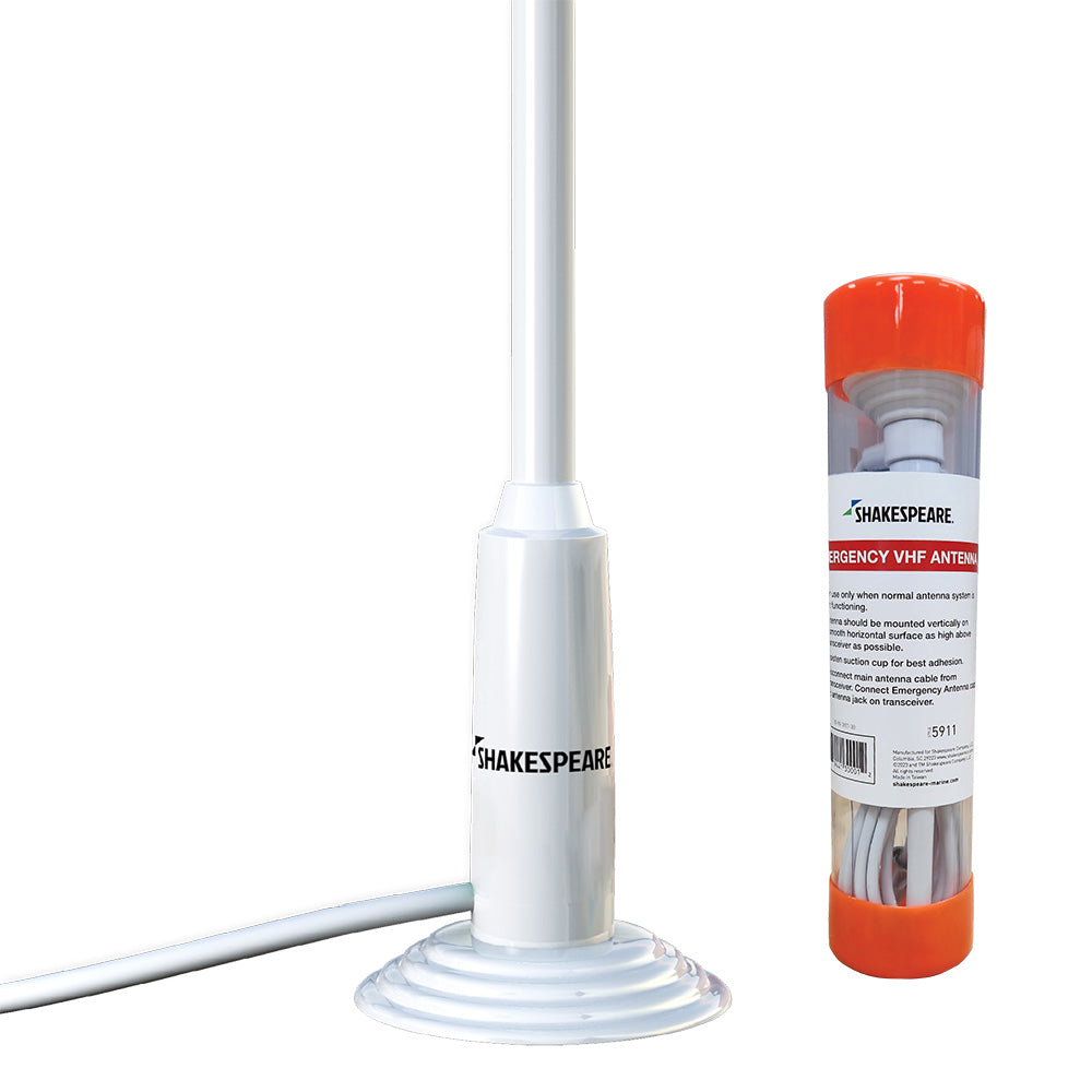Shakespeare 5911 10-inch VHF antenna for marine radios, with a black fiberglass shaft and mounting base.